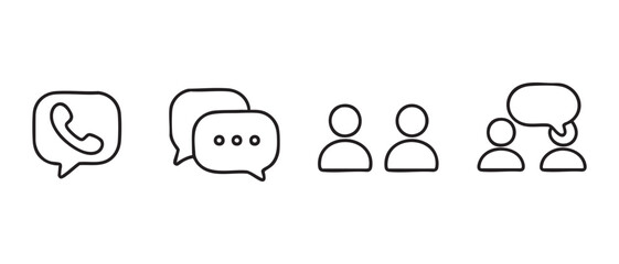 Minimalist Communication Icons. Phone, Chat, Group, and Discussion Symbols.