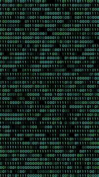 A vertical animation of a flowing green binary code matrix, ideal for futuristic, high tech, and data related projects.