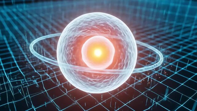 3D visualization of an atom with an electron cloud and nucleus, set against a digital grid backdrop