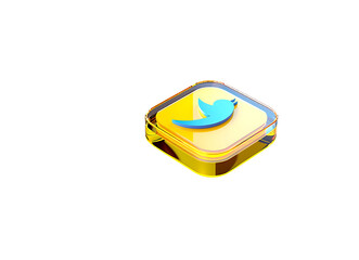 3D rendered square icon of the Twitter logo in yellow and blue.