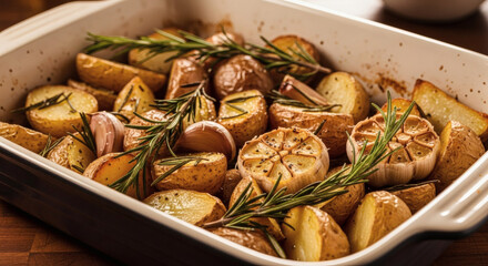 A close up of roasted potatoes with garlic and rosemary in a white baking dish on a wooden surface