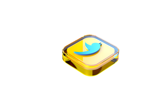 3D rendered square icon of the Twitter logo in yellow and blue.