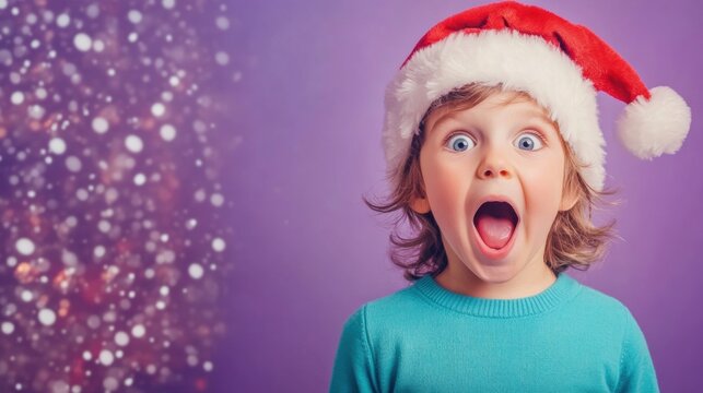 Excited child in a Santa hat celebrating the holiday season at home