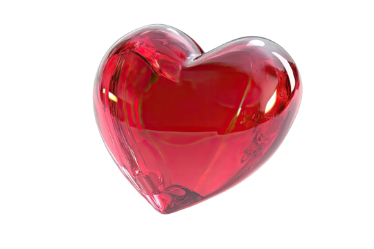 A glossy red heart, seemingly glass or crystal, in a 3D rendering
