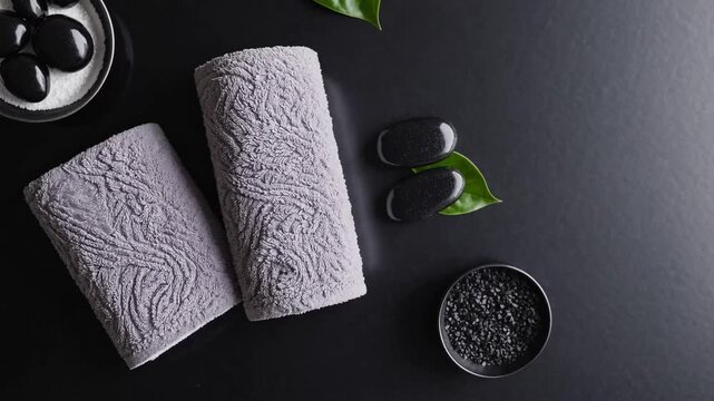 high-end ebony wellness center, overhead perspective of two gray rolled towels alongside pile of heated stones with space for text, high angle view of male beauty treatment set featuring green leaf a