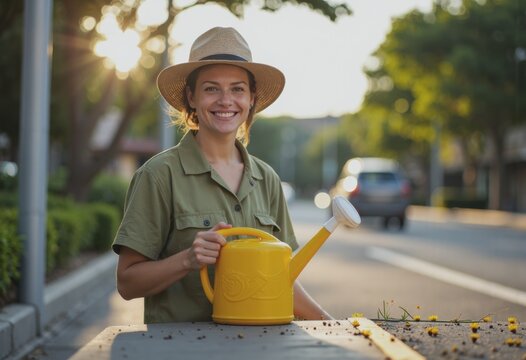 Smiling woman in a hat holding a yellow watering can during roadside planter maintenance - Powered by Adobe