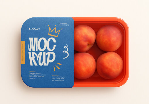 Template Peach Packaging Box Mockup &ndash; Fresh Fruit Tray, Plastic Food Container Branding Design