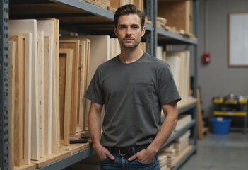 Fototapeta premium Mount-making coordinator standing beside a storage rack filled with plain mounts