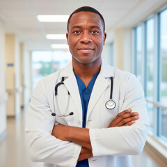 Confident Black Male Doctor Standing with Arms Crossed in Modern Medical Clinic