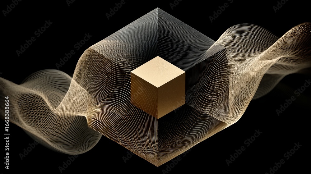 Poster abstract geometric logo with black hexagon box, gradient mesh lines shifting from chaotic patterns t