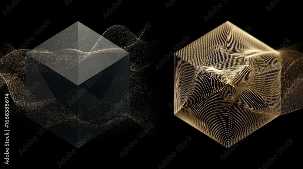 Poster abstract geometric logo with black hexagon box, gradient mesh lines shifting from chaotic patterns t