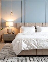 A calming bedroom interior features a light beige bed with white linens, accented by a light gray area rug and a light blue wall with decorative paneling.