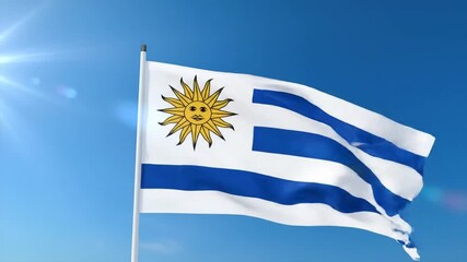 Uruguay flag waving with a sun. Sun with face on white and blue striped background - Powered by Adobe