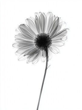 Aster Flower Realistic X-Ray, Birth Flower, September Flower, Black and White Botany Art