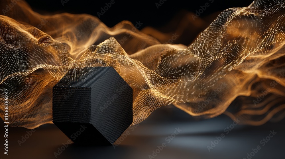 Aufkleber abstract geometric logo with black hexagon box, gradient mesh lines shifting from chaotic patterns t