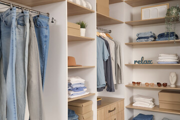 Shelves with stylish clothes in boutique