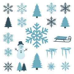 A cheerful winter scene with snowflakes, trees, snowman, and a sled.