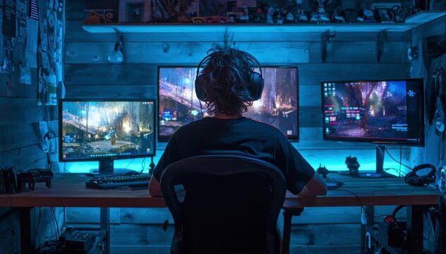Esports player using gaming setup with dual monitors