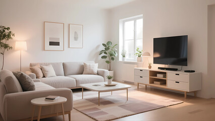 Stylish Modern Living Room with Cozy Sofa, Elegant Decor, and Lush Greenery, Creating a Serene Atmosphere in a Minimalist Space