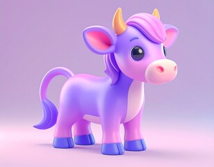 Fototapeta premium Cute 3D Cartoon Purple and Pink Cow Character with Big Eyes and Horns