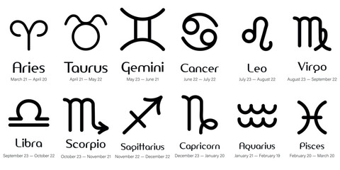 Vector image of zodiac signs icons. Concept of fortune telling by tarot cards and horoscope forecasts. Element for your design