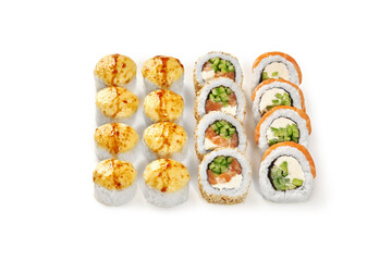 Delicious sushi set forming three perfect rows on white background