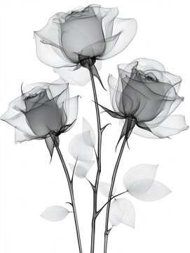 Three Roses Flowers Realistic X-Ray, Birth Flower,  June Flower, Black and White Botany Art