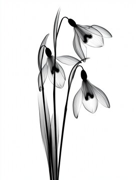 Snowdrop Flowers Realistic X-Ray, Birth Flower,  January Flower, Black and White Botany Art