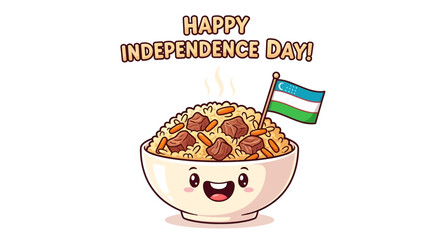 Cartoon bowl of plov with a smiling face and Uzbekistan flag, celebrating Independence Day.