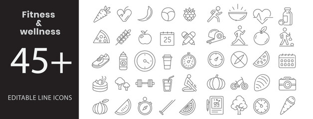 Fitness and Wellness icon set , Containing dumbbell, yoga pose, treadmill, stopwatch, water bottle, gym bag, heart rate, stretching, cycling, balanced diet, protein shake, running shoe, sleep