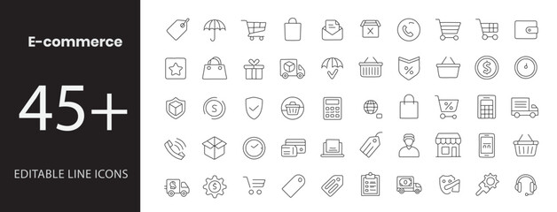 E-commerce and Online Shopping icon set , Containing shopping cart, credit card, mobile checkout, discount tag, product box, delivery truck, wishlist, secure payment, customer support, product search