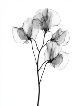 Sweet Pea Flowers Realistic X-Ray, Birth Flower, April Flower, Black and White Botany Art