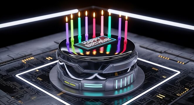 Futuristic Birthday Cake with Smartphone.