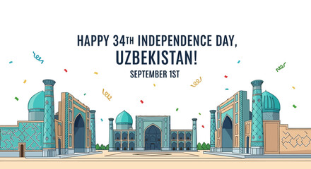 Illustration celebrating Uzbekistan's 34th Independence Day on September 1st, featuring stylized architectural landmarks and confetti.