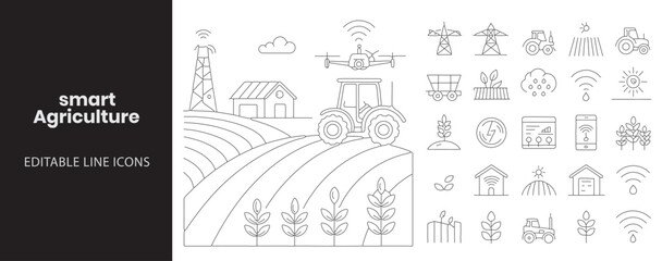 Smart Agriculture icon set. Containing smart tractor, drone spraying, soil sensor, water irrigation, greenhouse, crop data, farm monitoring, weather prediction, livestock tracker, and more.
