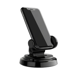Modern black smartphone holder on a sleek base designed for easy viewing in any setting on transparent background