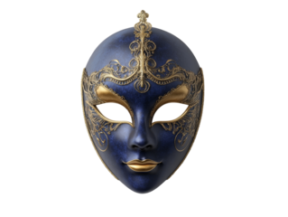 Elegant blue venetian mask with golden ornate details on black background