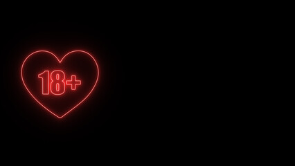 Neon glowing 18+ sign illustration on black background.	