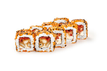 Delicious tempura uramaki sushi rolls with sesame seeds on white background