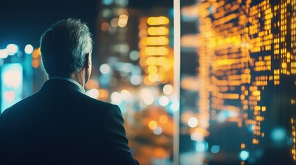 Business professional gazing at financial data, tech and economic analysis scene