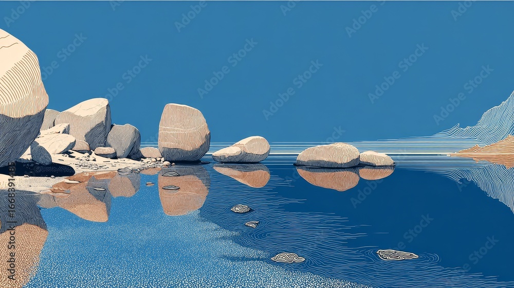 Poster minimalist line art abstract shapes with soft neutral blue tones depicting a serene lake scene on wh