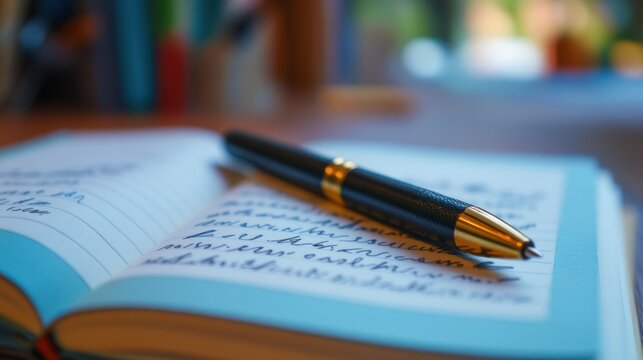 Close-up of a pen resting on an open notebook filled with elegant cursive handwriting, suggesting moments of reflection and journaling.