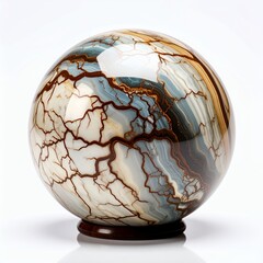 Abstract spherical artwork featuring flowing lines and fractured patterns on white background