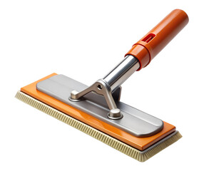 A sanding block with a long orange handle, isolated on transparent background
