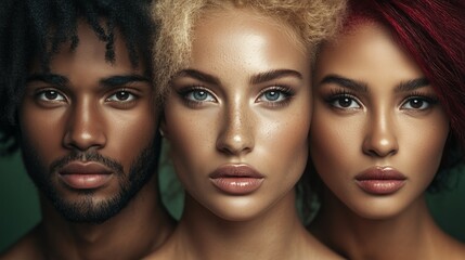 Three individuals with different skin tones and hair colors stand side by side, looking confidently ahead. The image celebrates diversity, unity, and natural beauty, cultural fusion concept.