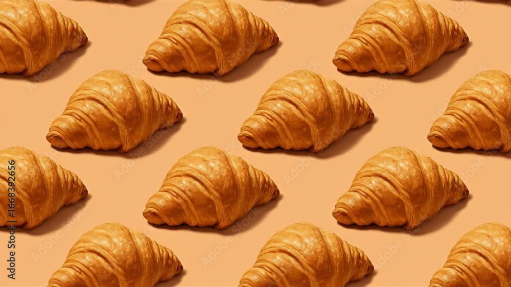 Poster Pattern of golden croissants on a peach background arranged symmetrically with defined shadows