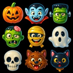 Fototapeta premium Inflatable-look pumpkin, vampire, Frankenstein, ghost, skull, cat — PNG.