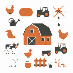 A colorful illustration of farm animals, equipment, and a barn.