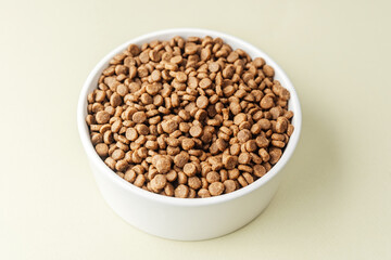 White bowl of dry dog food on beige background