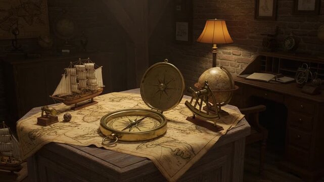 Antique navigation tools on a wooden table in study
